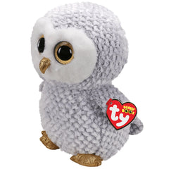 TY Large Owlette white owl plush toy, 42 cm, featuring fluffy texture, big eyes, gold accents, and heart-shaped tag.