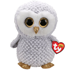 TY Large Owlette plush toy, 42 cm white owl with fluffy texture, golden-eyed, holding a heart tag on a white background.