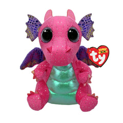 TY Small Spitfire pink dragon plush toy with glittery body, purple wings, and red heart. Perfect for collectors and gifts.
