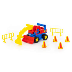 WADER ConsTruck Excavator in blue and yellow with traffic cones arranged in front on a smooth light-colored surface.
