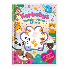 TROTSCH's "TIERBABYS" arts and crafts book features colorful cartoon animals and playful text on a glossy pink and purple cov