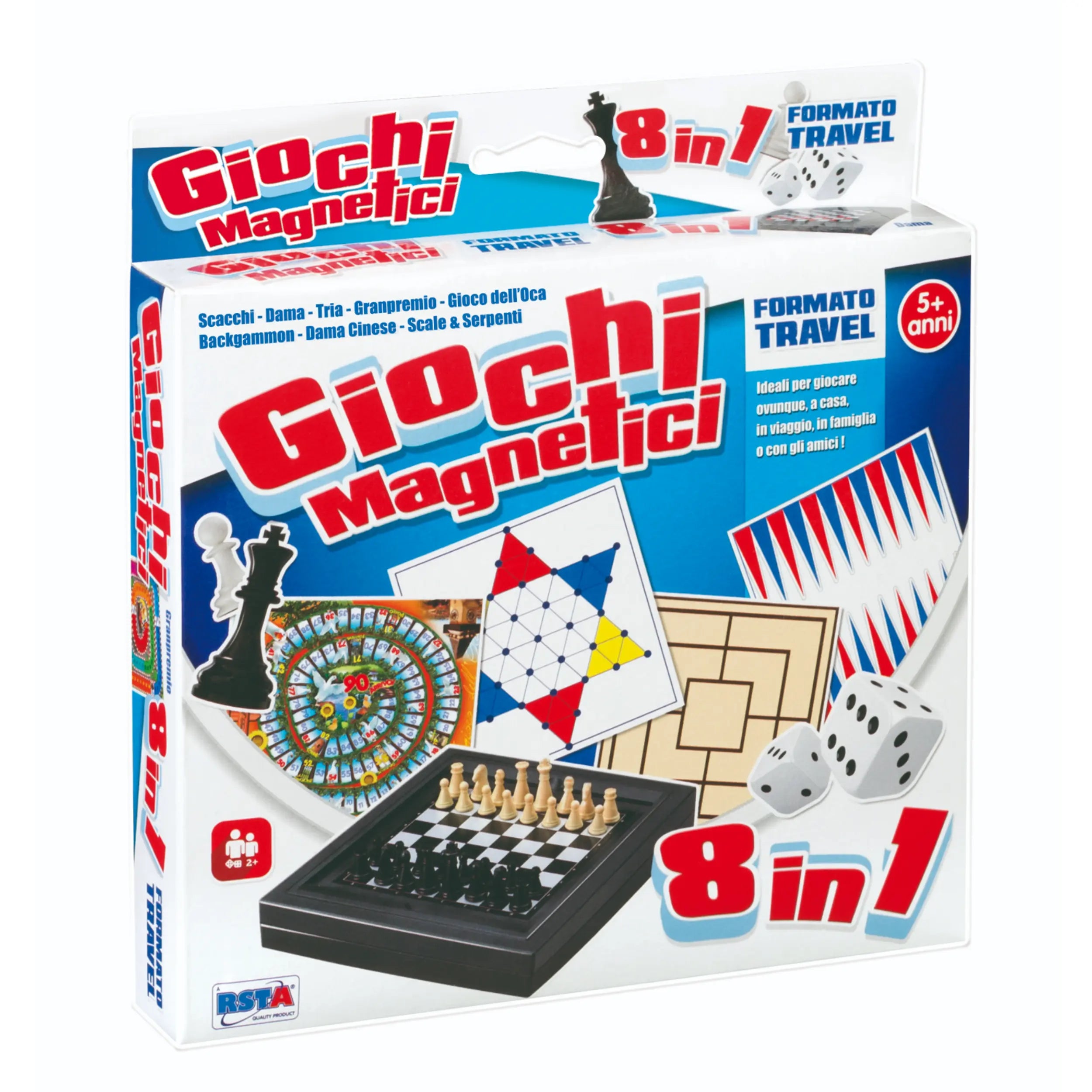RS Toys Giochi Magnetici 8 in 1 Travel board game box features colorful game pieces and Italian text on a glossy cardboard su