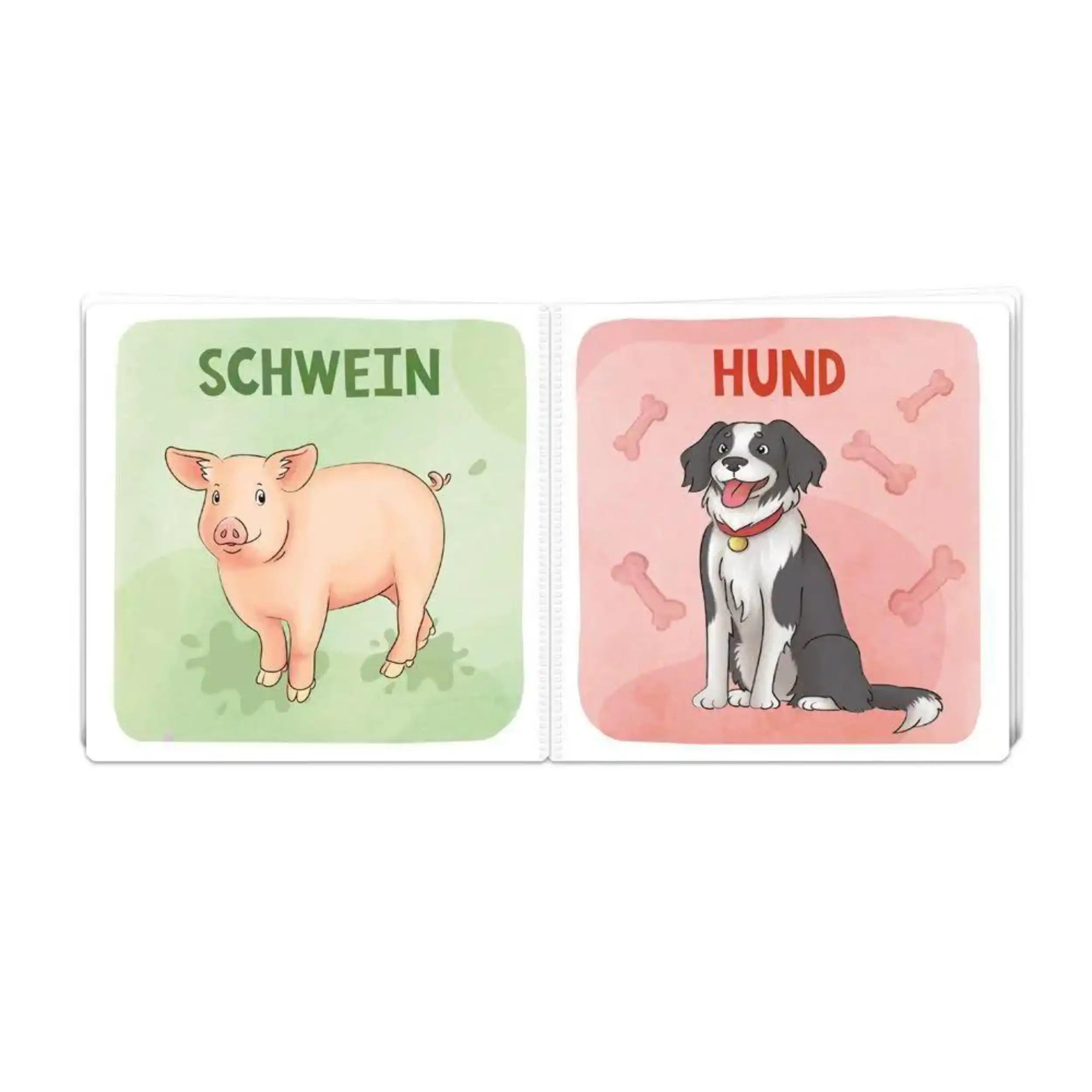 TROTSCH bath book features colorful illustrations of a pig and a dog with German labels on a flat paper surface.