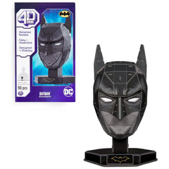 Batman mask 3D puzzle model kit with detailed design, glossy finish, and gold accents on a black stand featuring the logo.