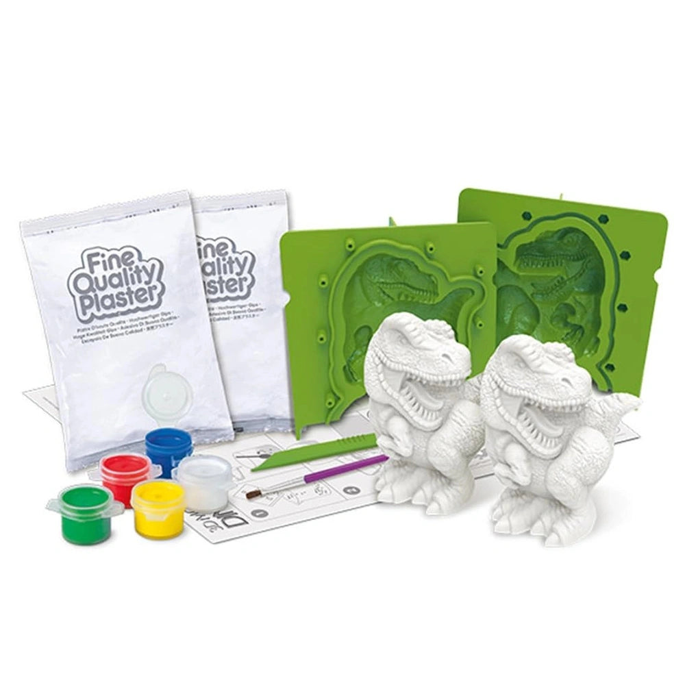 4M 3D Mould & Paint Dinosaurs kit featuring green and white plastic dinosaur figurines in colorful containers with printed te