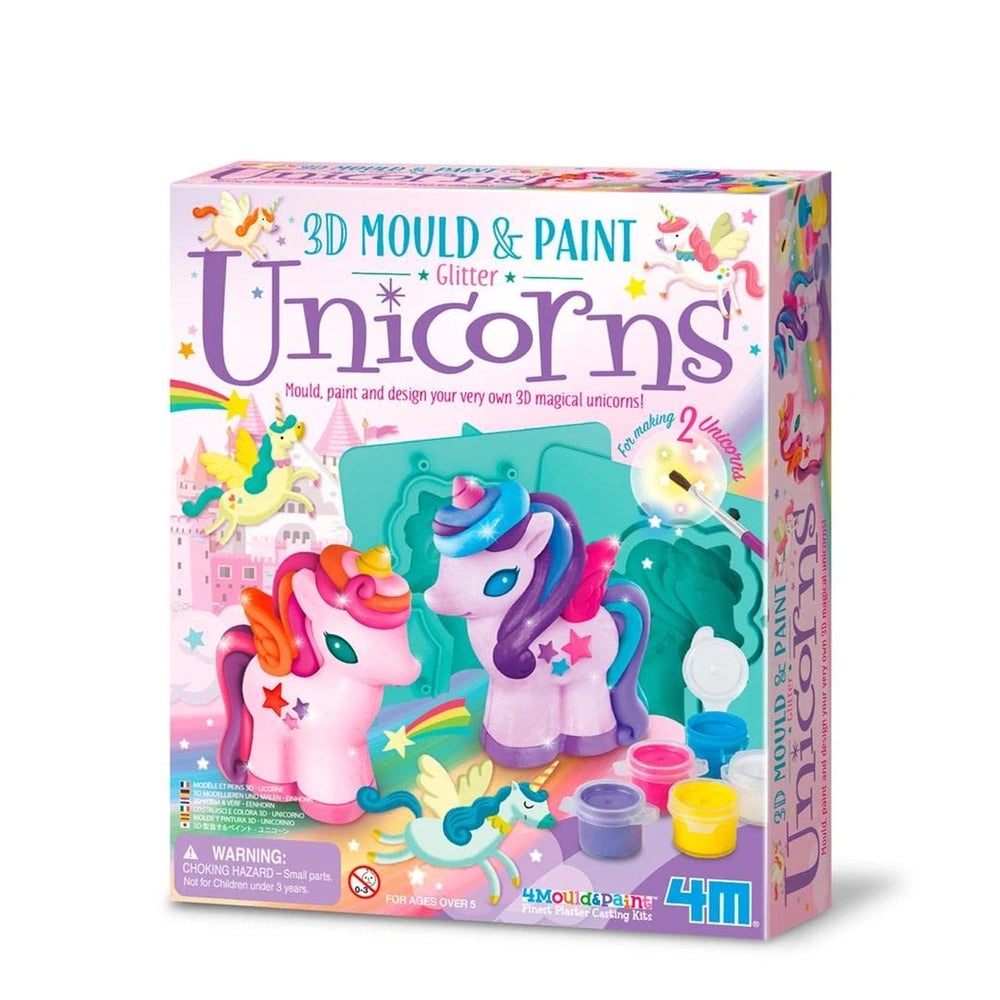 4M 3D Mould & Paint Glitter Unicorns arts and crafts kit in a colorful pink, blue, and yellow cardboard box with plastic wind