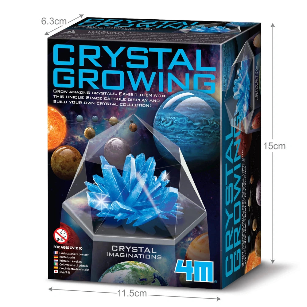 4M Crystal Growing Blue Edition toy playset in a cardboard box with plastic window, featuring blue crystals and age recommend