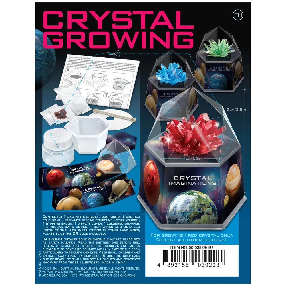 4M Crystal Growing Red Edition toy playset in cardboard box with clear plastic window, featuring red ribbon, blue flowers, an