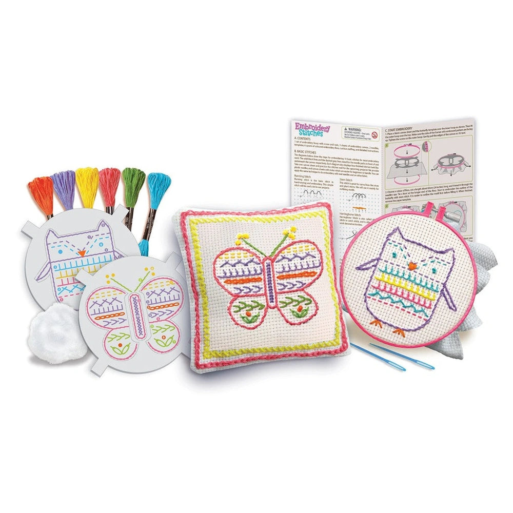 4M Easy to Do Embroidery Stitches kit featuring colorful embroidered items with butterfly, cat, fish, bird, and penguin desig