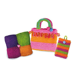 4M knitting arts and crafts set featuring a colorful handbag and three vibrant coasters in various shapes and colors.