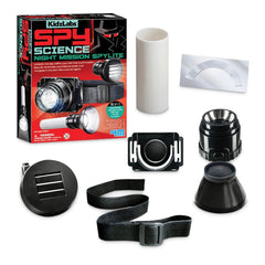 KidzLabs Spy Science Night Mission Spylite toy playset featuring a glossy box and multiple black flashlights with silver acce