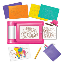 KidzMaker Unicorn Rub Art Studio features a smooth pink case, glossy white paper, and colorful pencils with pink, blue, green