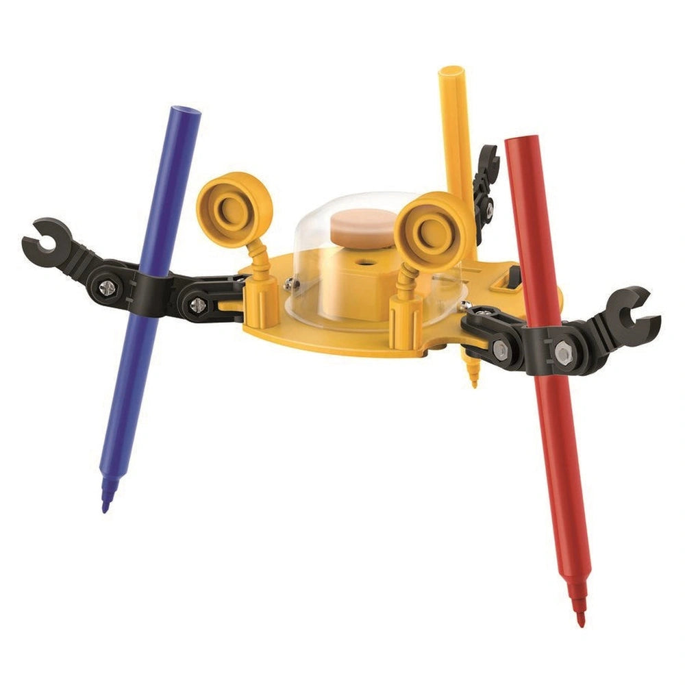 KidzRobotix Doodling Robot features a yellow base, blue and red rods, and a clear dome, showcasing vibrant robotic toy design