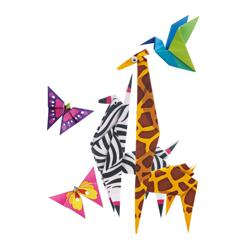 4M Little Craft Origami Zoo Animals featuring a brown and white giraffe, a pink and yellow butterfly, and a blue and green ki