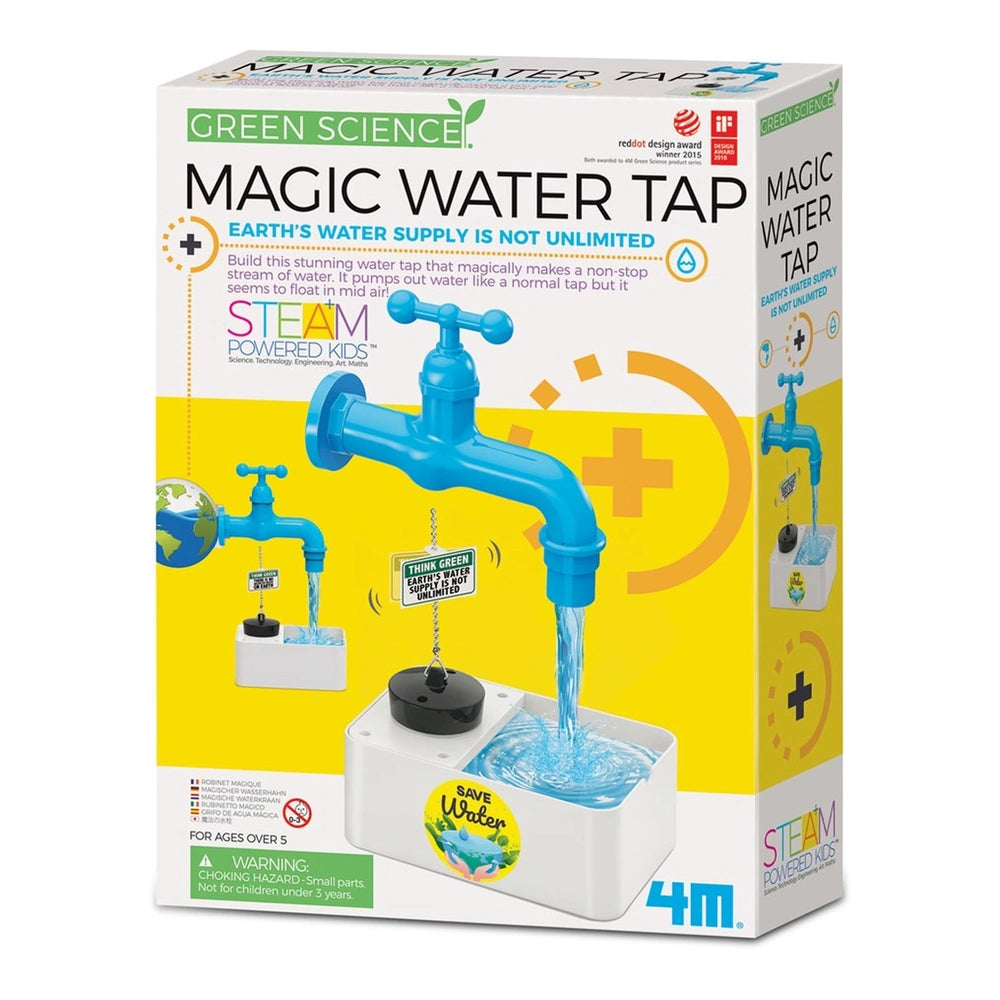 4M Magic Water Tap educational toy in yellow packaging features a blue faucet, white base, and green text on cardboard.