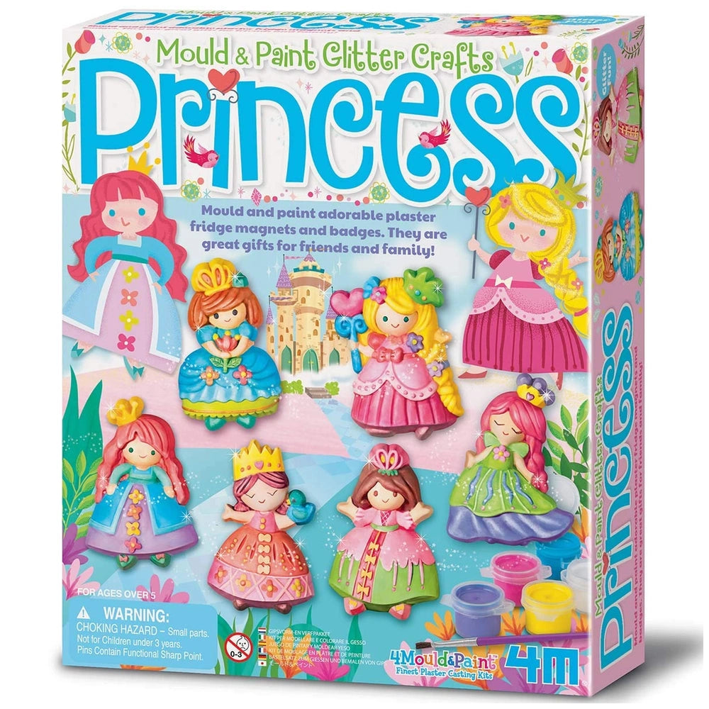 4M Mould & Paint Glitter Crafts Princess kit features colorful packaging with five cartoon princesses and a warning label.