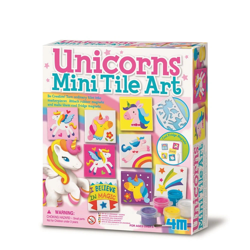 Unicorns Mini Tile Arts packaging features a glossy window, pink background, and colorful unicorn illustrations for ages 4+.