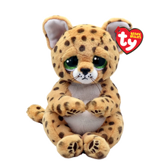 Plush toy cheetah with green eyes and a Ty logo on a white background