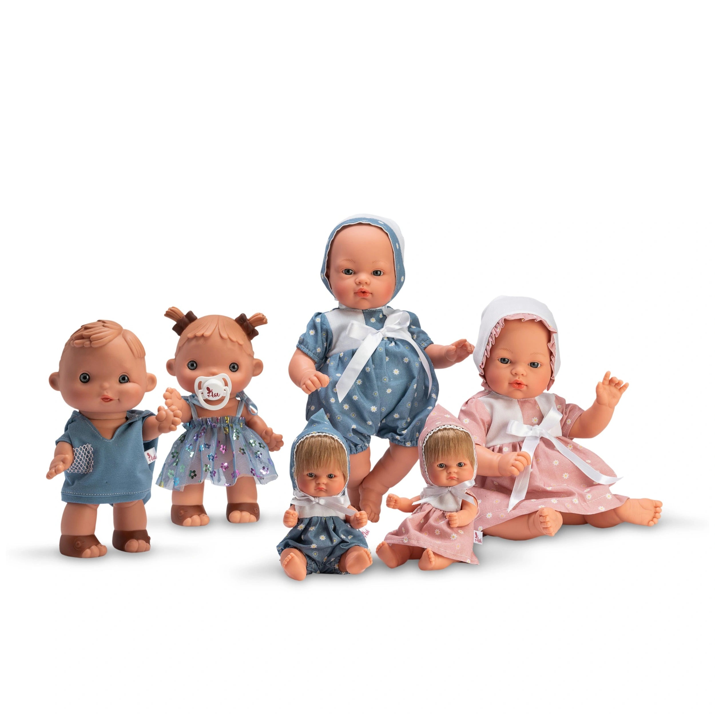 Six ASI Bonboncin dolls in assorted dresses, various poses. Dolls feature rubber bodies for flexibility and safety.