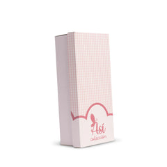 Pink checkered ASI Dolls box with butterfly logo and white background, showcasing elegant packaging design.