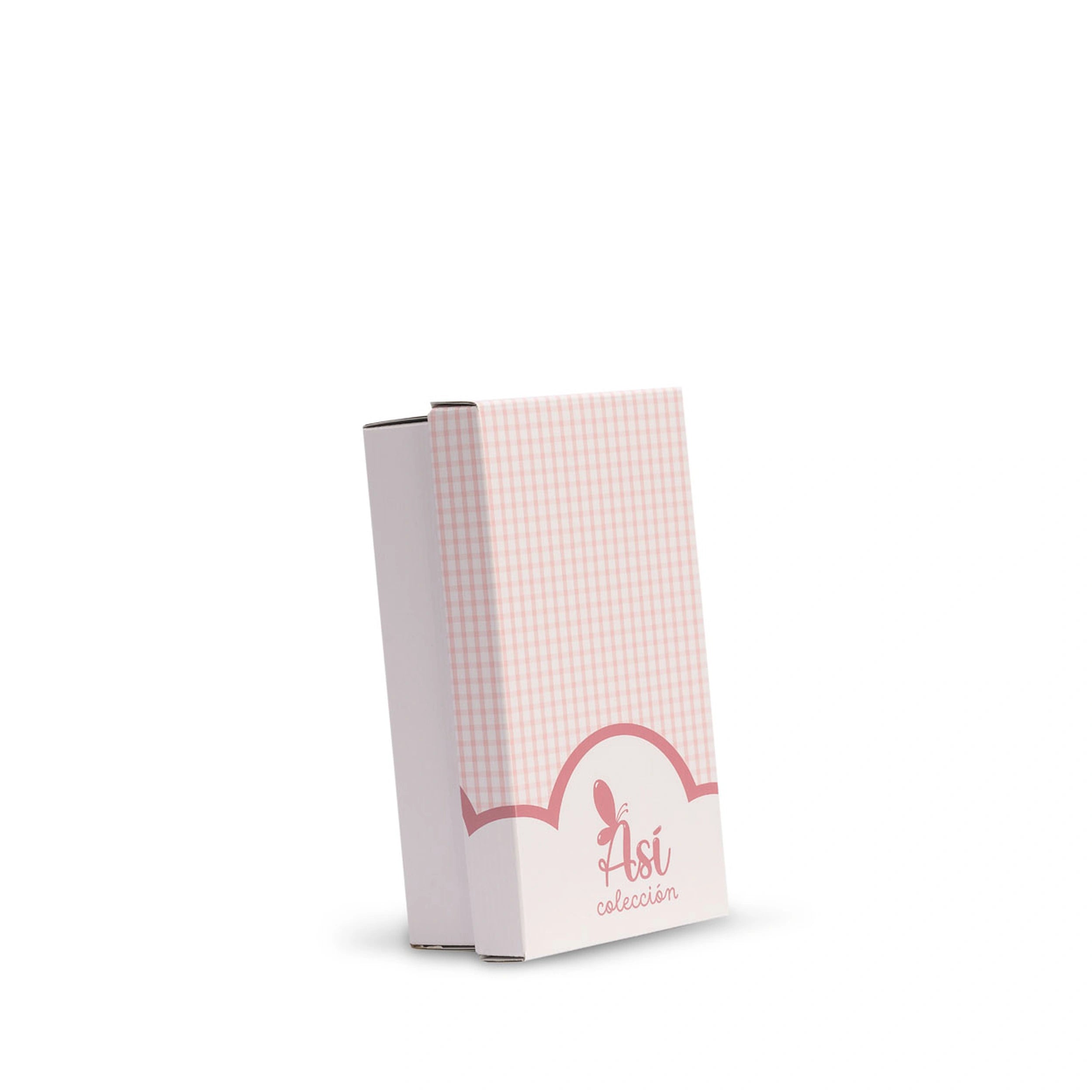 ASI Dolls packaging in soft pink gingham pattern with logo, showcasing elegant branding for the Tom with Star Blue Dress Doll.