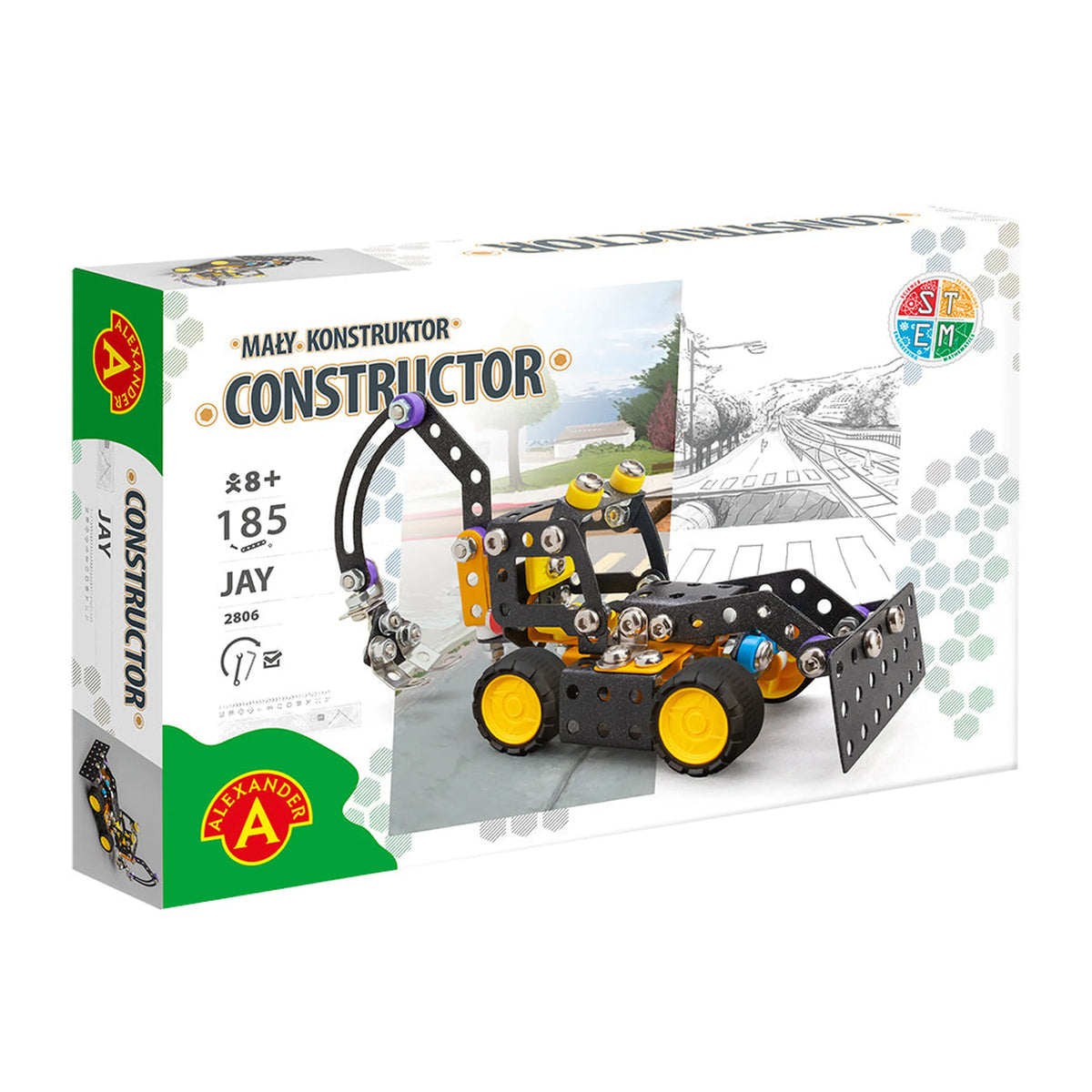 Alexander Constructor Jay Ruspa set box with yellow and black model vehicle, suitable for ages 8+, promoting creativity.
