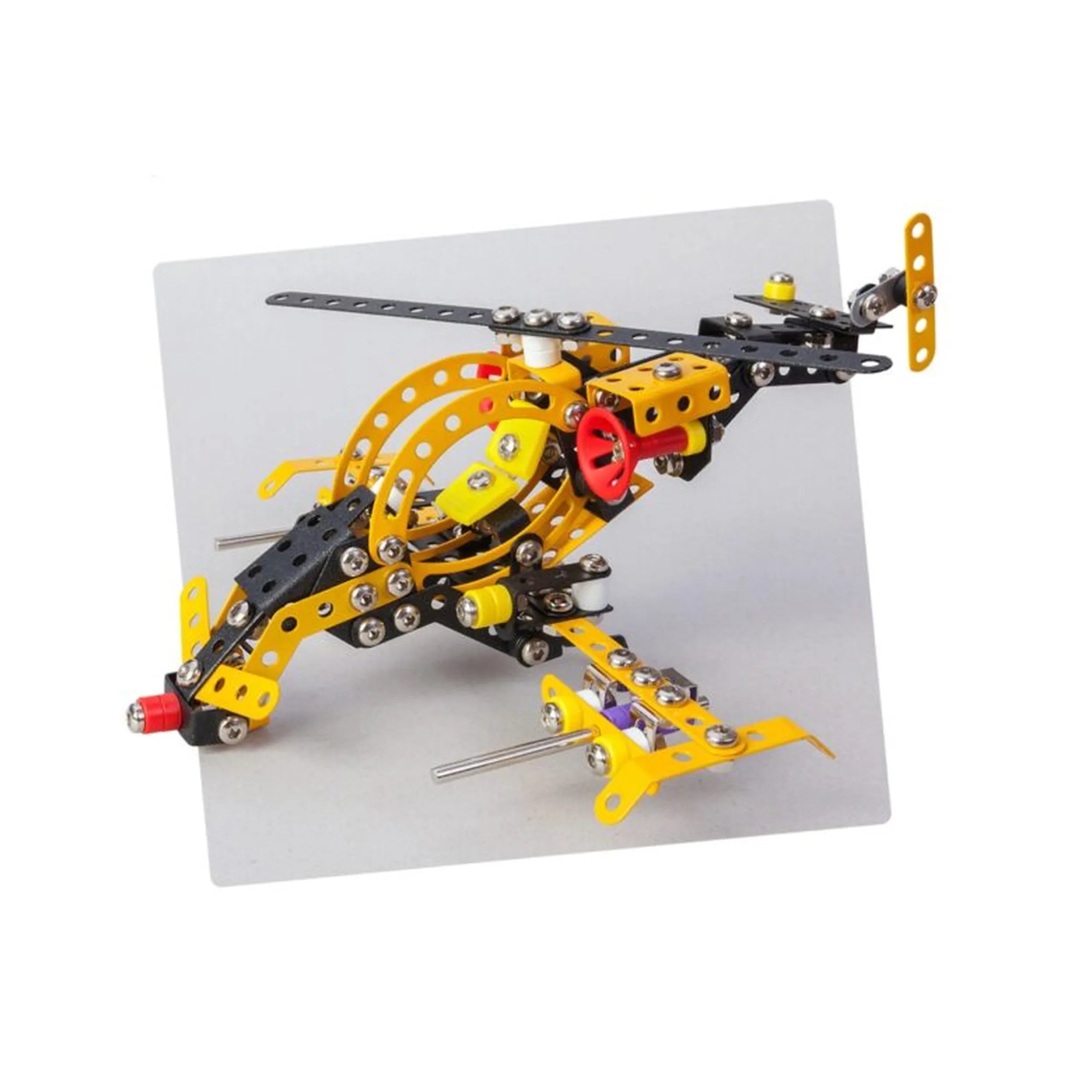 Yellow and black model helicopter from Alexander's Maly Constructor Noah 5In1 set, built with metal components.