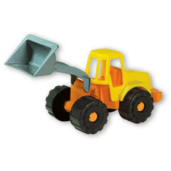 Yellow and orange toy bulldozer with black wheels and a gray scoop, designed for imaginative play outdoors.