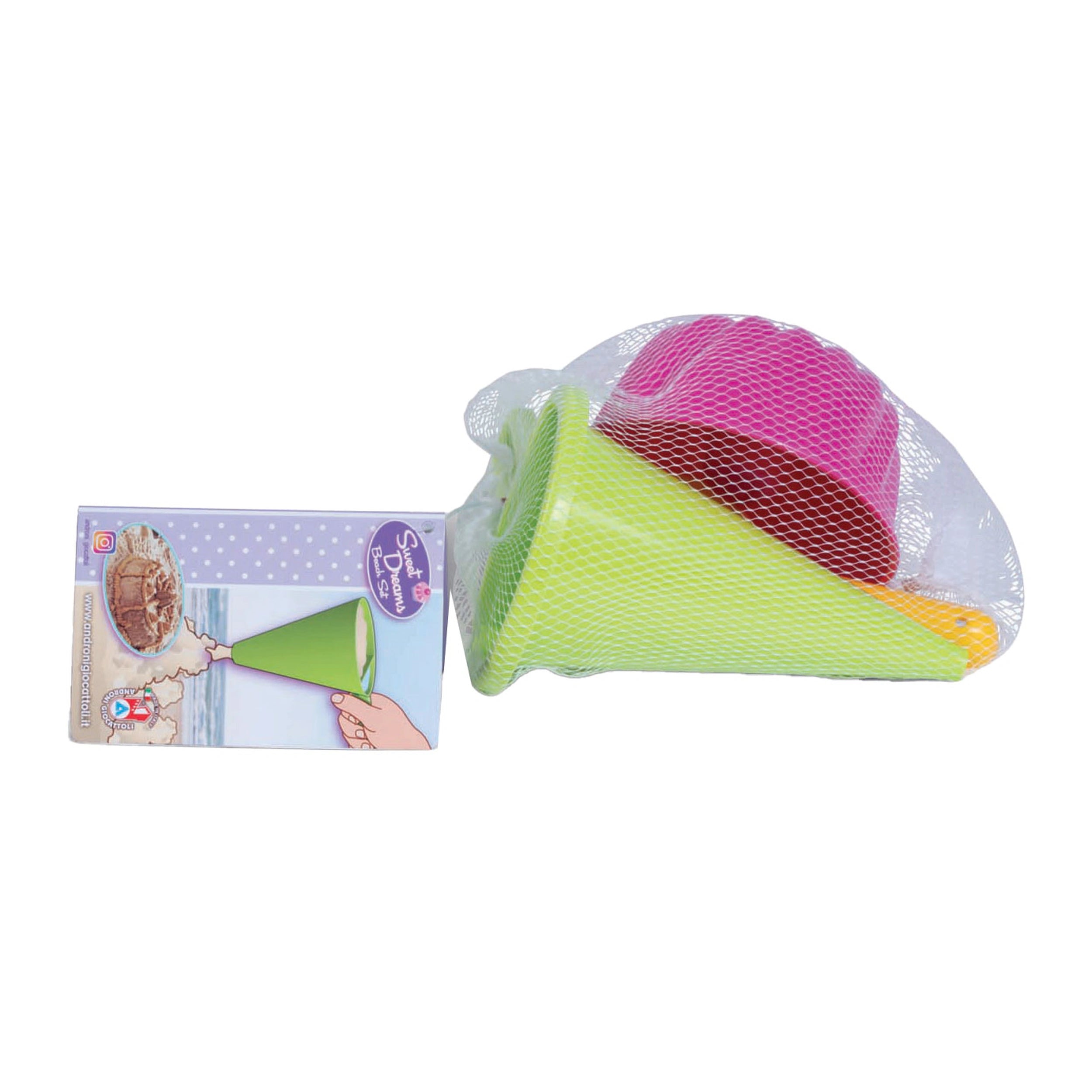 Set of colorful sand molds in a mesh bag, including a green funnel, alongside packaging showing sand creations.