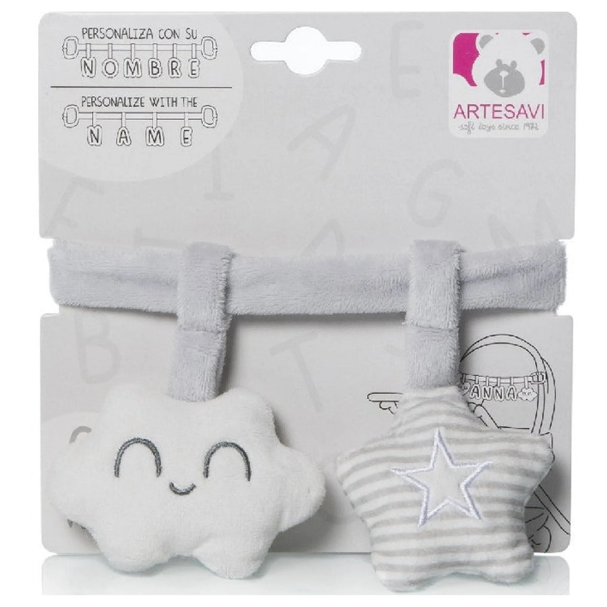 Gray plush ribbon with a smiling cloud and striped star rattle, customizable with name, by ARTESAVI.