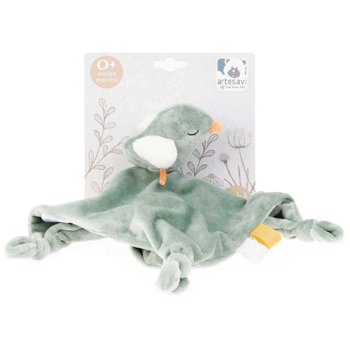 Soft pastel green bird plush with white accents, featuring a soothing design, perfect for babies.