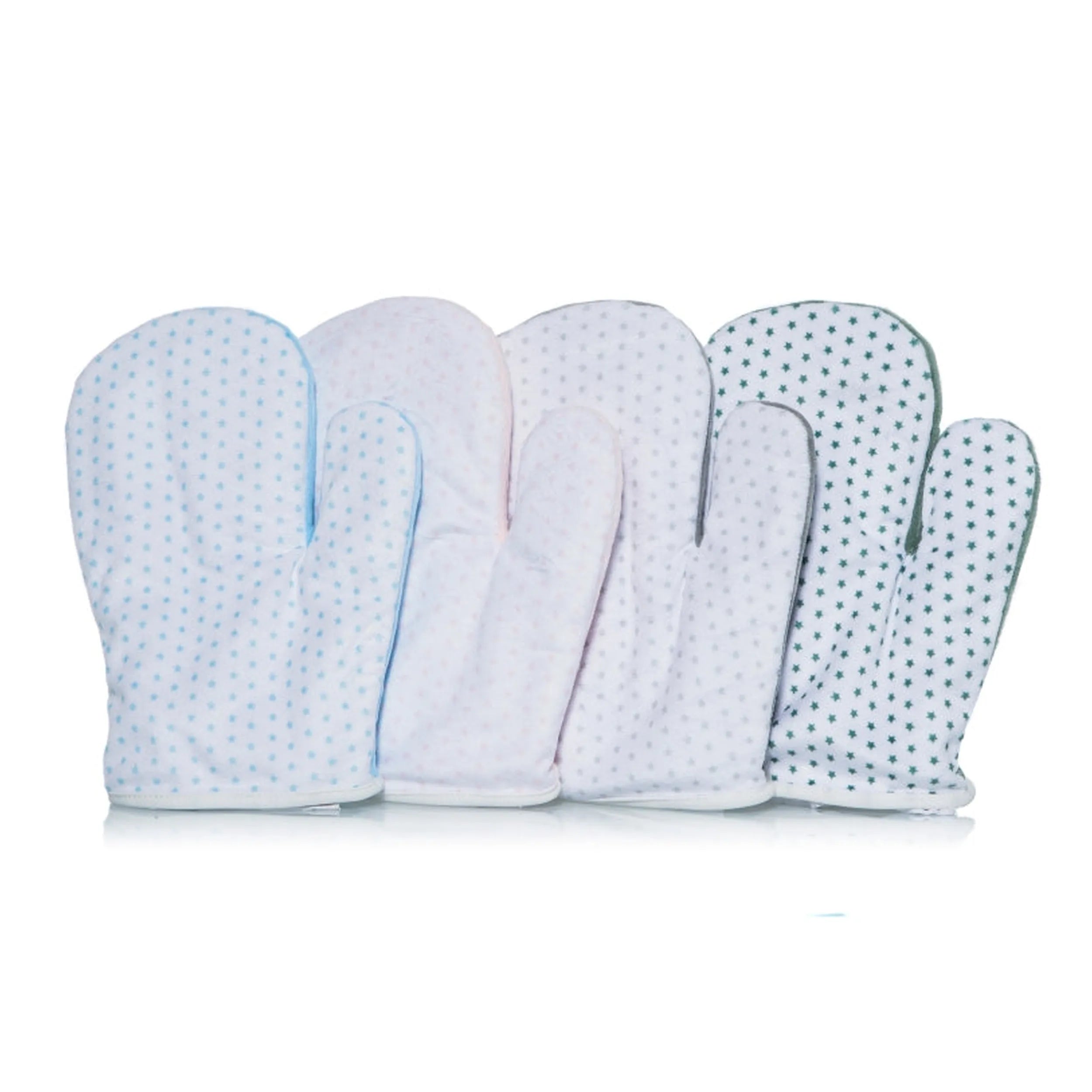 Light blue, pink, and green Artesavi anti-colic gloves with star patterns in a row.