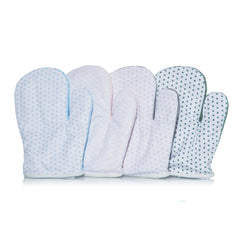Light blue, pink, and green Artesavi anti-colic gloves with star patterns in a row.