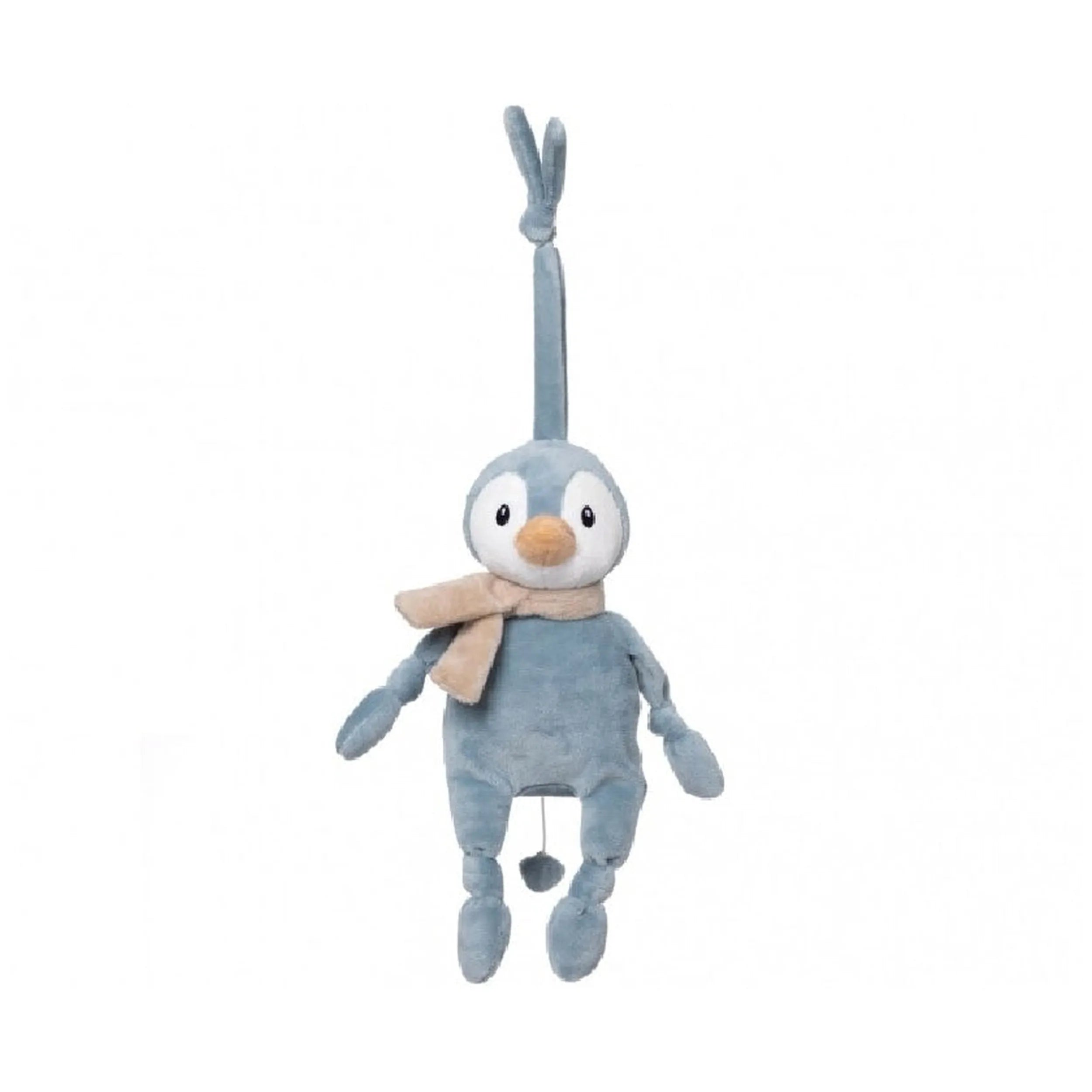 Soft blue penguin plush toy with orange beak, beige scarf, and rattle, hanging by a loop for easy attachment.