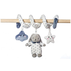 Plush spiral rattle with a gray bunny, blue cloud, and white star hanging from a wooden rod, in soft colors and textures.
