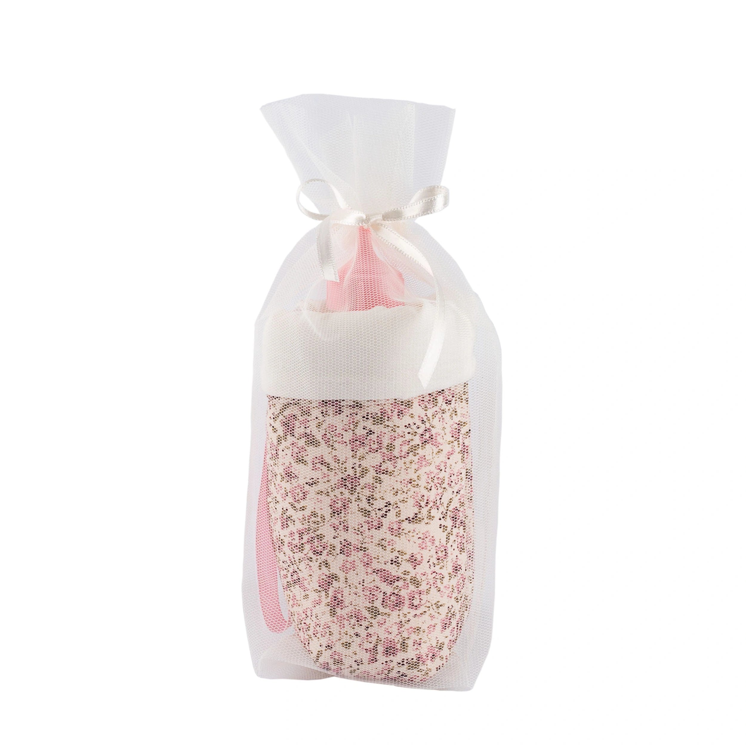 Floral-patterned bottle holder in sheer white fabric tied with a ribbon, part of the ASI Dolls Martina Collection.