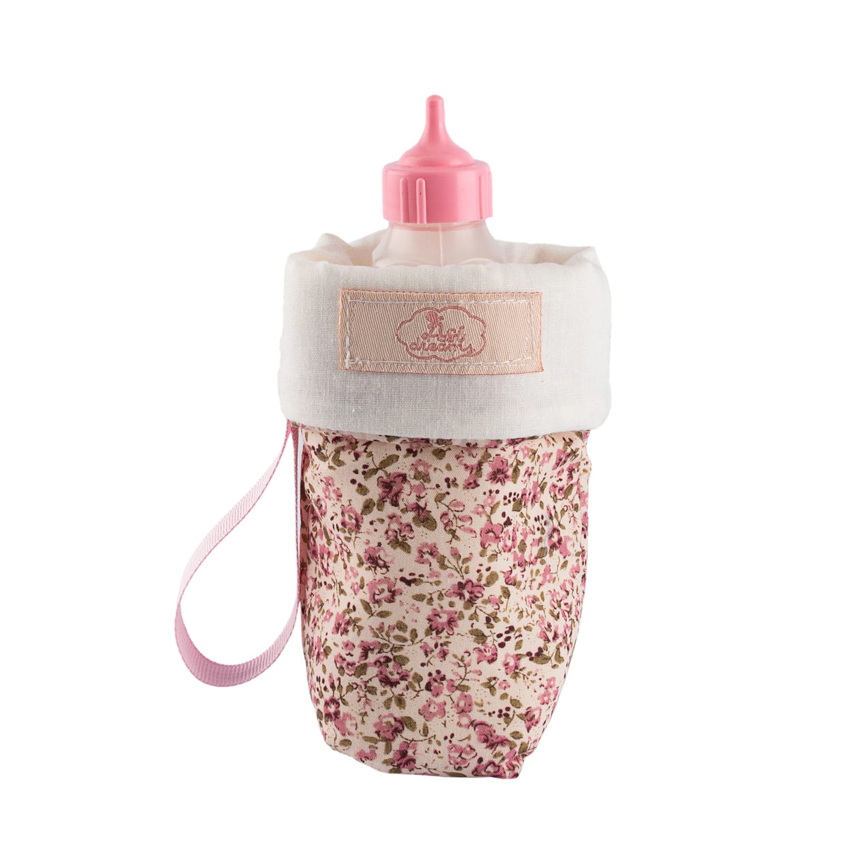 Pink floral doll bottle holder with a pink cap and ribbon loop.