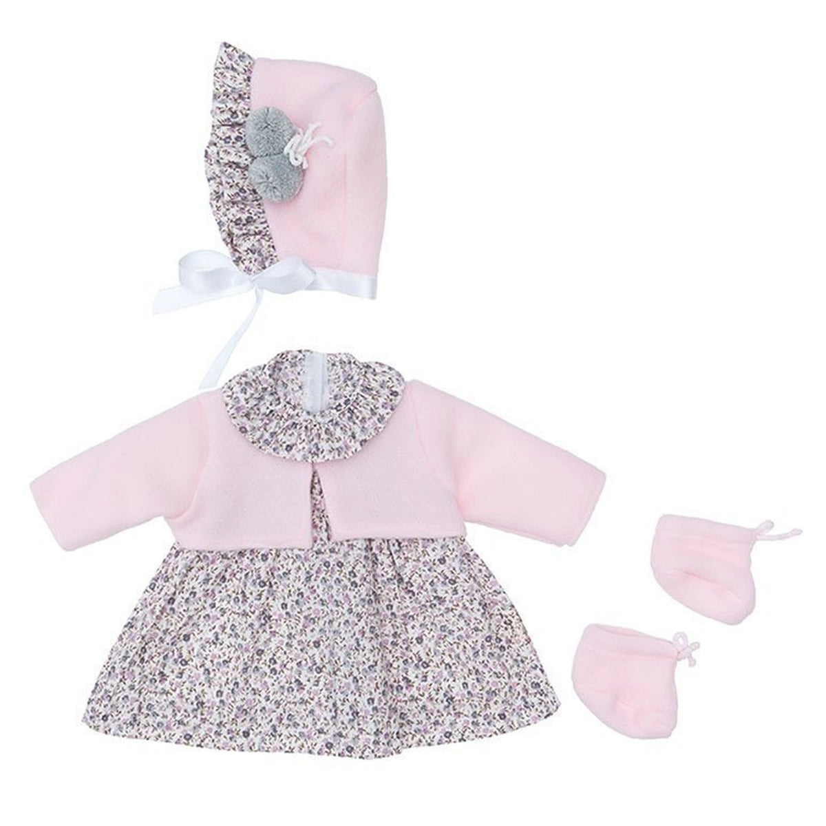 Pink jacket, grey floral dress, matching hat, and booties for 46 cm Así dolls, elegant and durable for imaginative play.