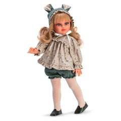 Blonde doll with eared hood, floral blouse, green shorts, white tights, and black shoes.