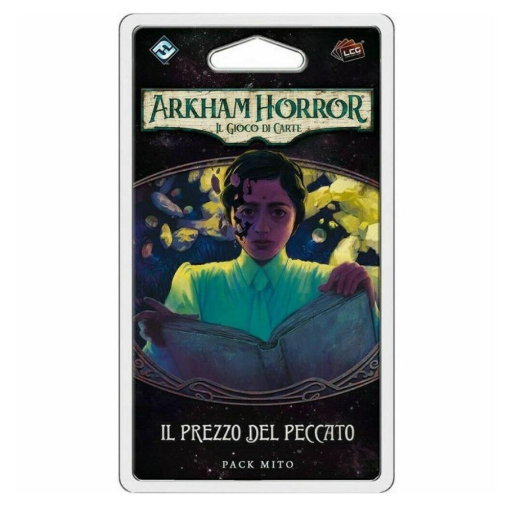 Card game pack for 'Arkham Horror' with a character holding a book on a white background
