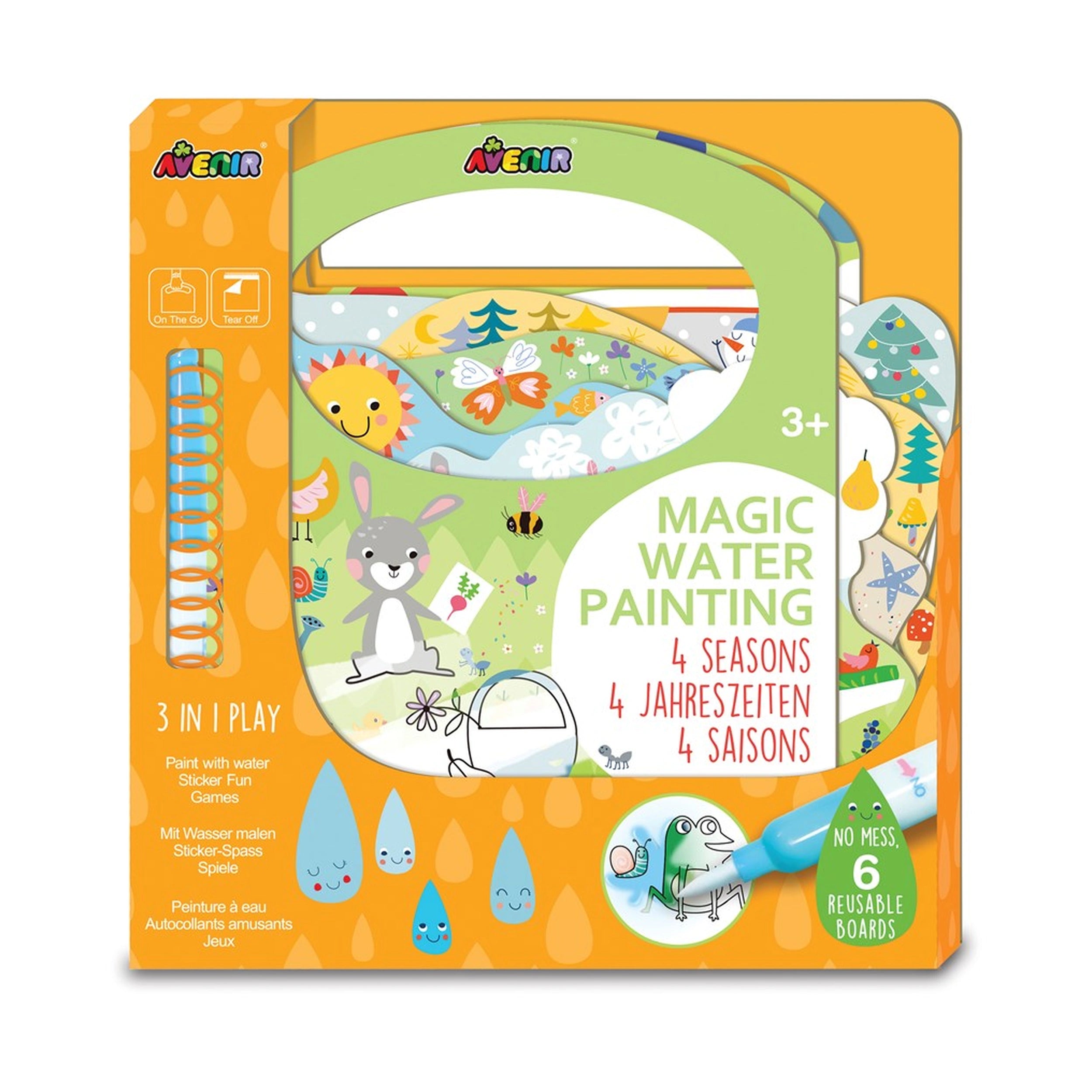 Avenir Magic Water Painting set features vibrant orange packaging with playful animal illustrations, suitable for children 3+, promoting creativity.