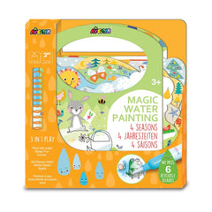 Avenir Magic Water Painting set features vibrant orange packaging with playful animal illustrations, suitable for children 3+, promoting creativity.