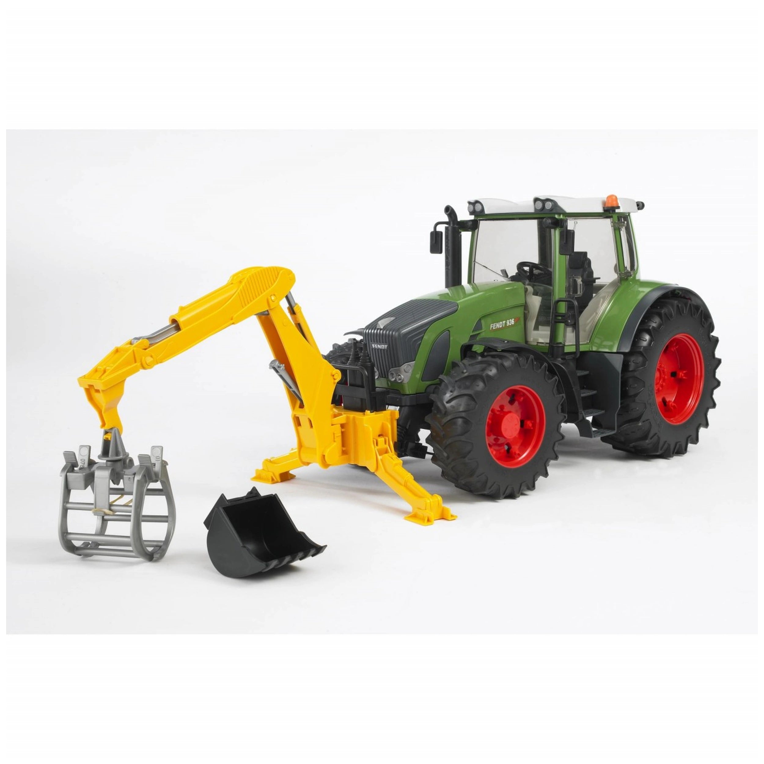 Green Bruder toy tractor with red wheels and a yellow hydraulic arm, showcasing a rear digger and grabber attachment.