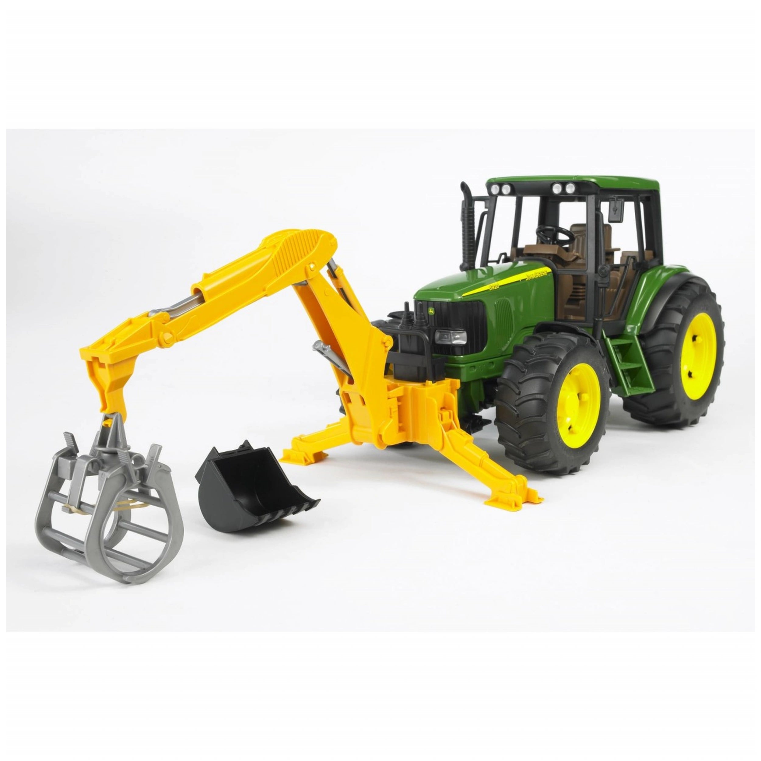 Green toy tractor with a yellow rear hydraulic arm, detachable grabber, and bucket, suitable for Bruder Profi series.