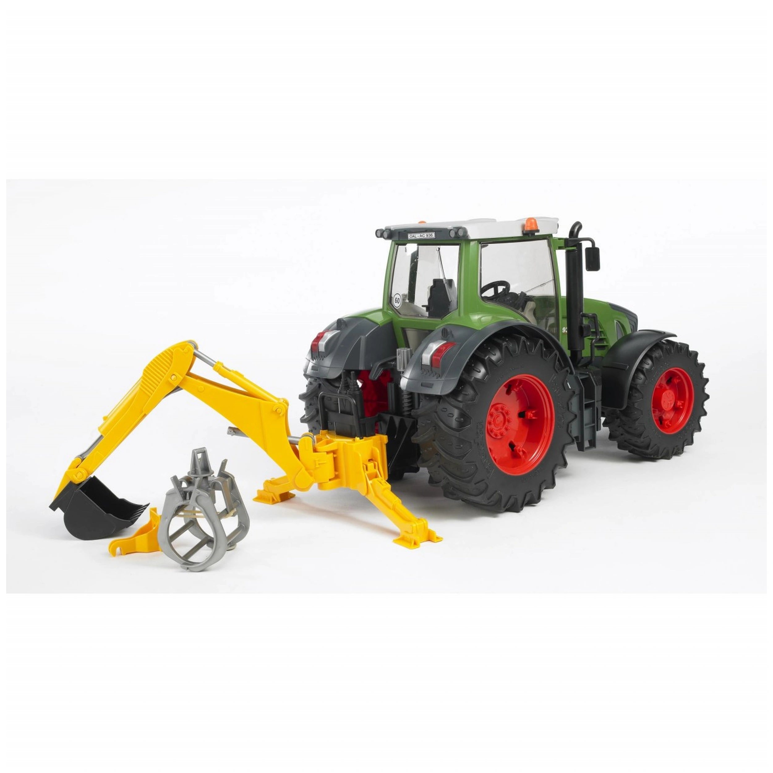 Green tractor with red wheels, featuring a yellow rear hydraulic digger and gray grabber accessory on a white background.