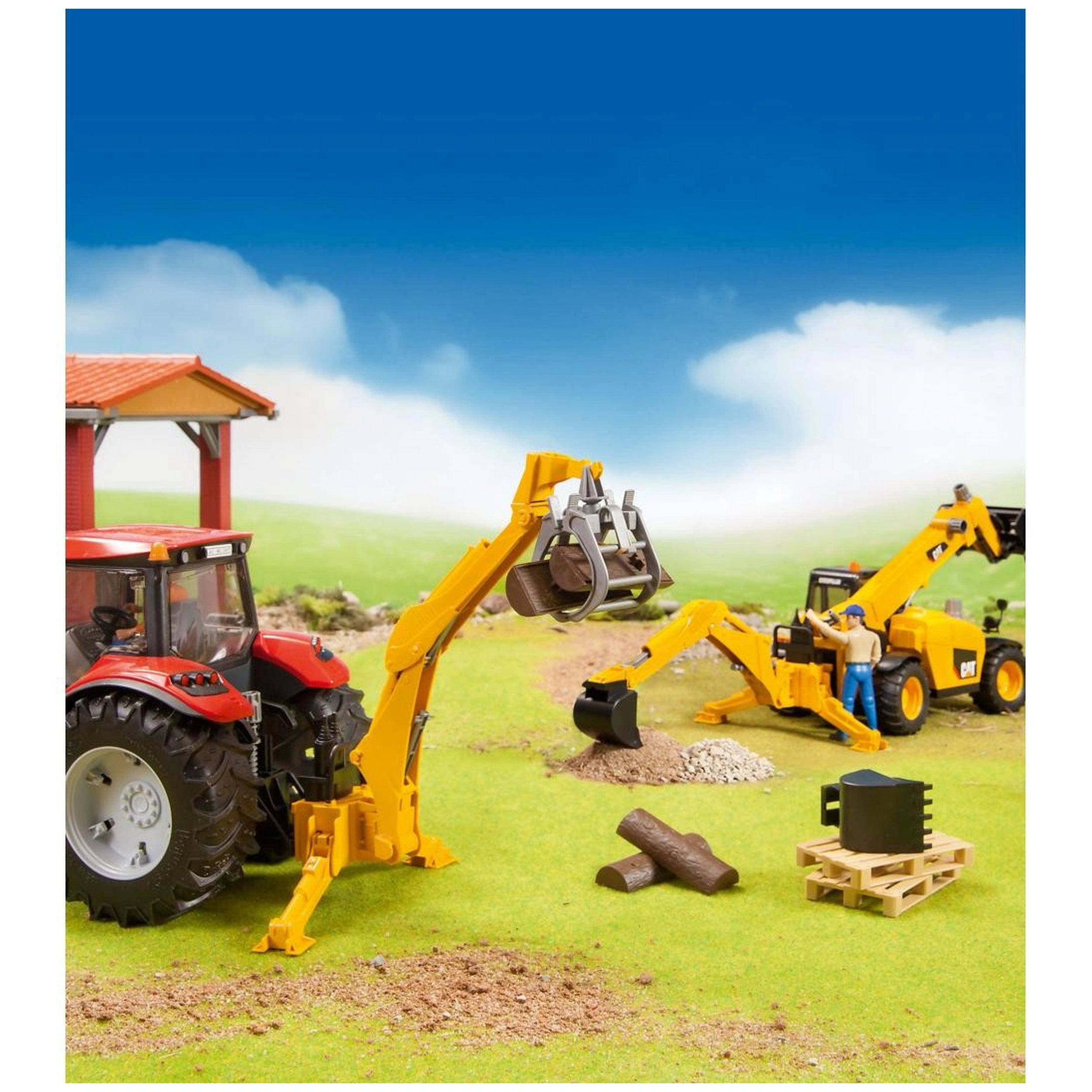 Yellow hydraulic arms attached to toy tractors lifting logs on a green field under a blue sky, simulating farming activities.