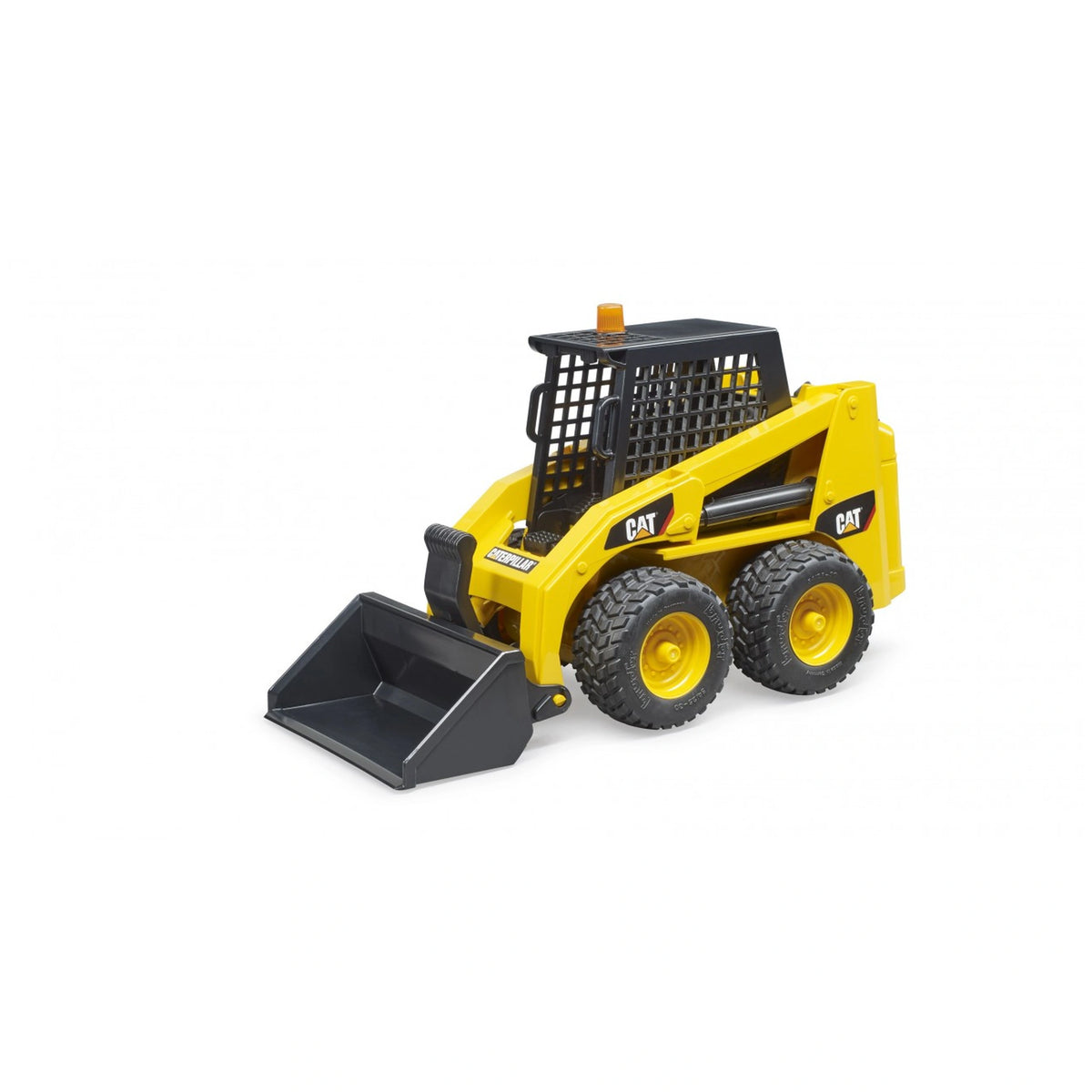 Yellow Bruder Cat Skid Steer Loader with functional black front shovel and articulated steering, showcasing realistic details.