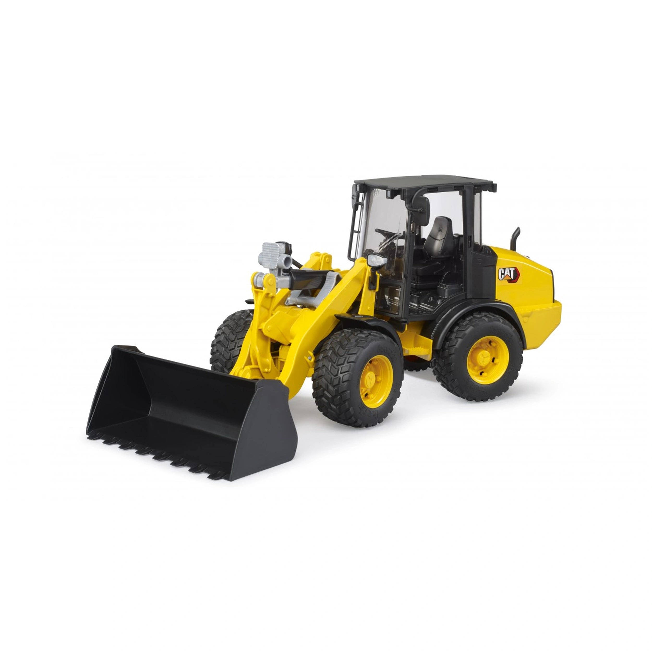 Yellow Bruder Cat Wheel Loader toy with articulated steering, black cabin, and a functional front shovel on a white background.