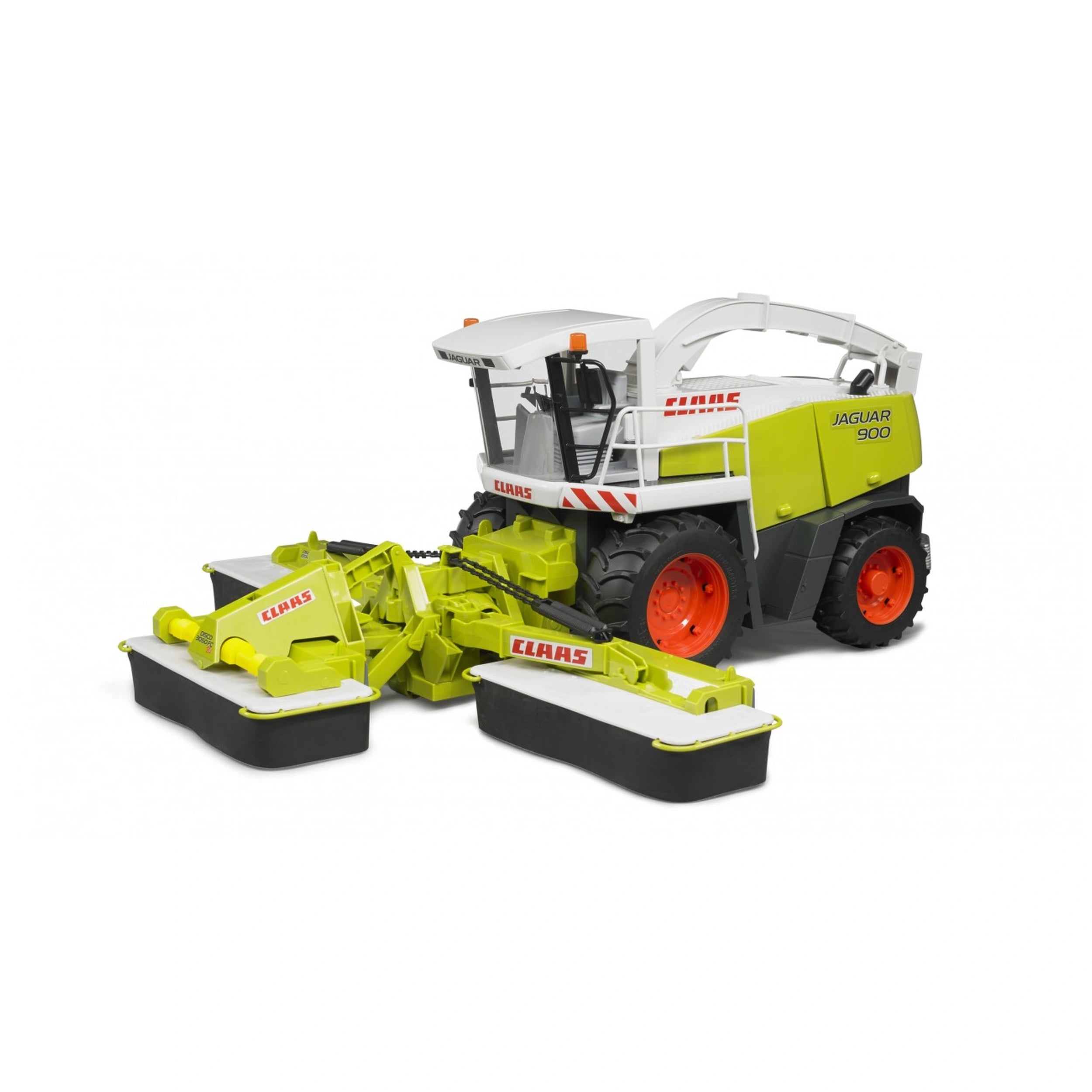Bruder Claas Disc Mower Disco 8550 C Plus, green and white with red accents, attached to a Claas Jaguar model.