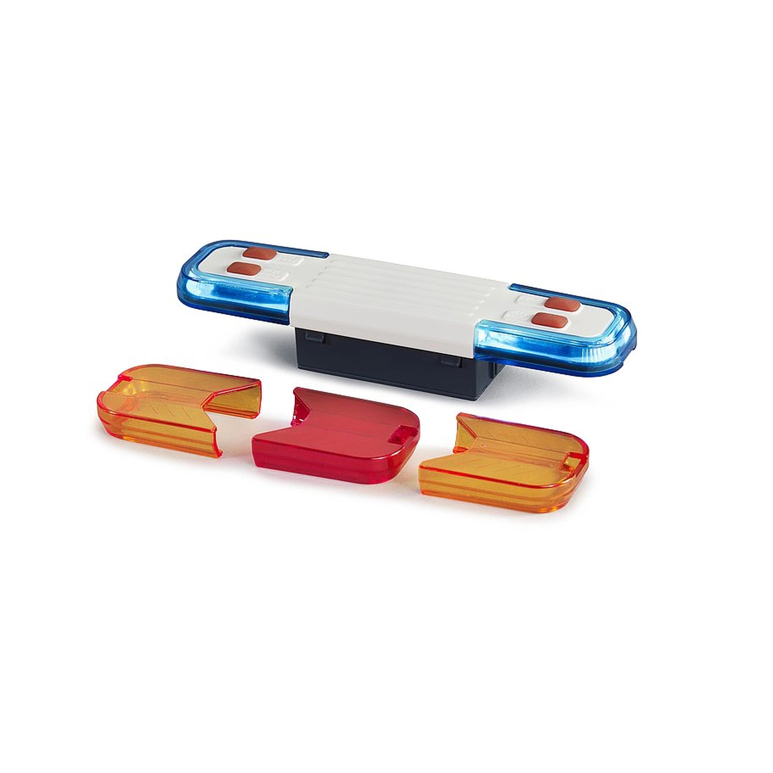 Bruder light and sound module with blue, red, and orange covers for toy trucks.